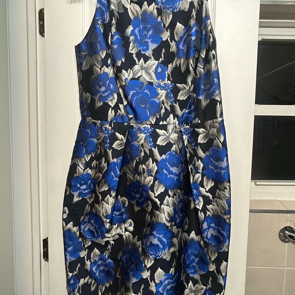 Carmen Marc Valvo Black and Blue Floral One Shoulder Dress